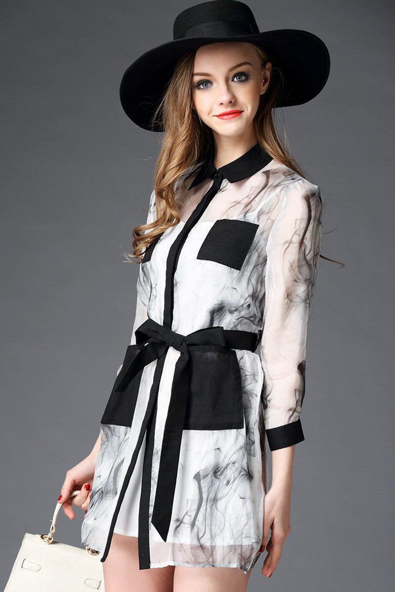 WOMEN'S GRACE POLO NECK 3/4 SLEEVE PRINTING DRESS WITH BELT FOR SUMMER