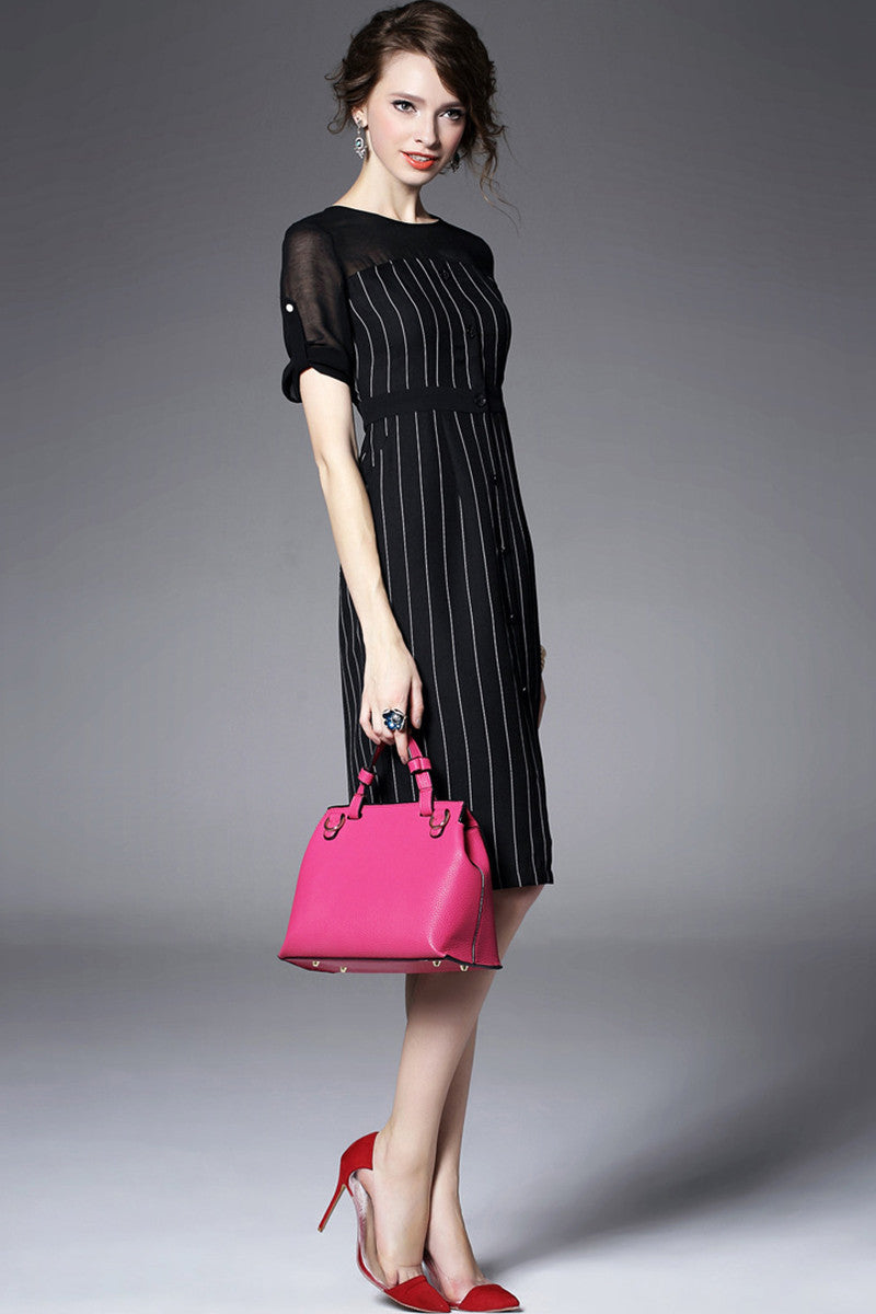 Women's Vogue Striped Midi Dress Short Sleeve - NJOYDRESS - 2