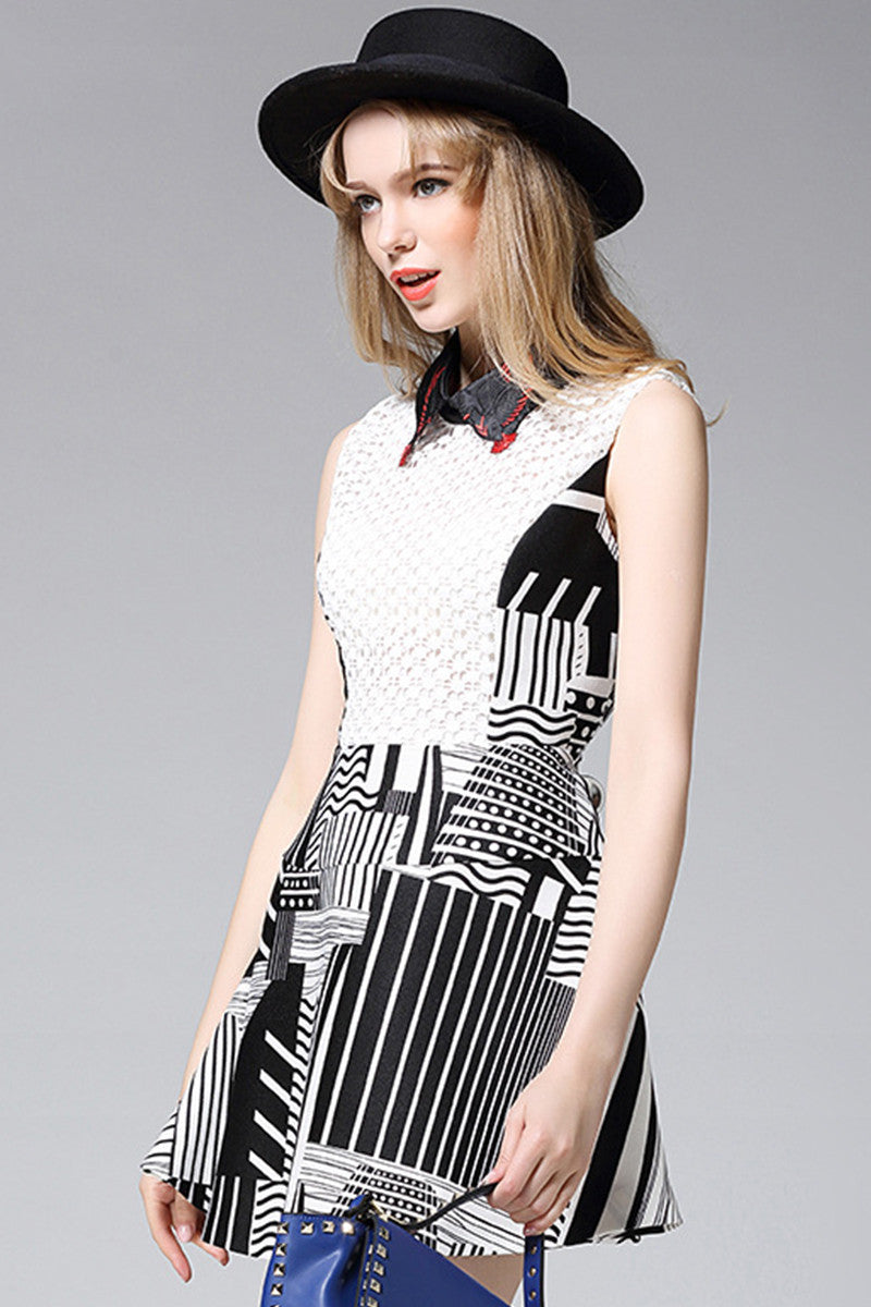 Lapel Neck Abstract Print Empire Waist Sleeveless Dress