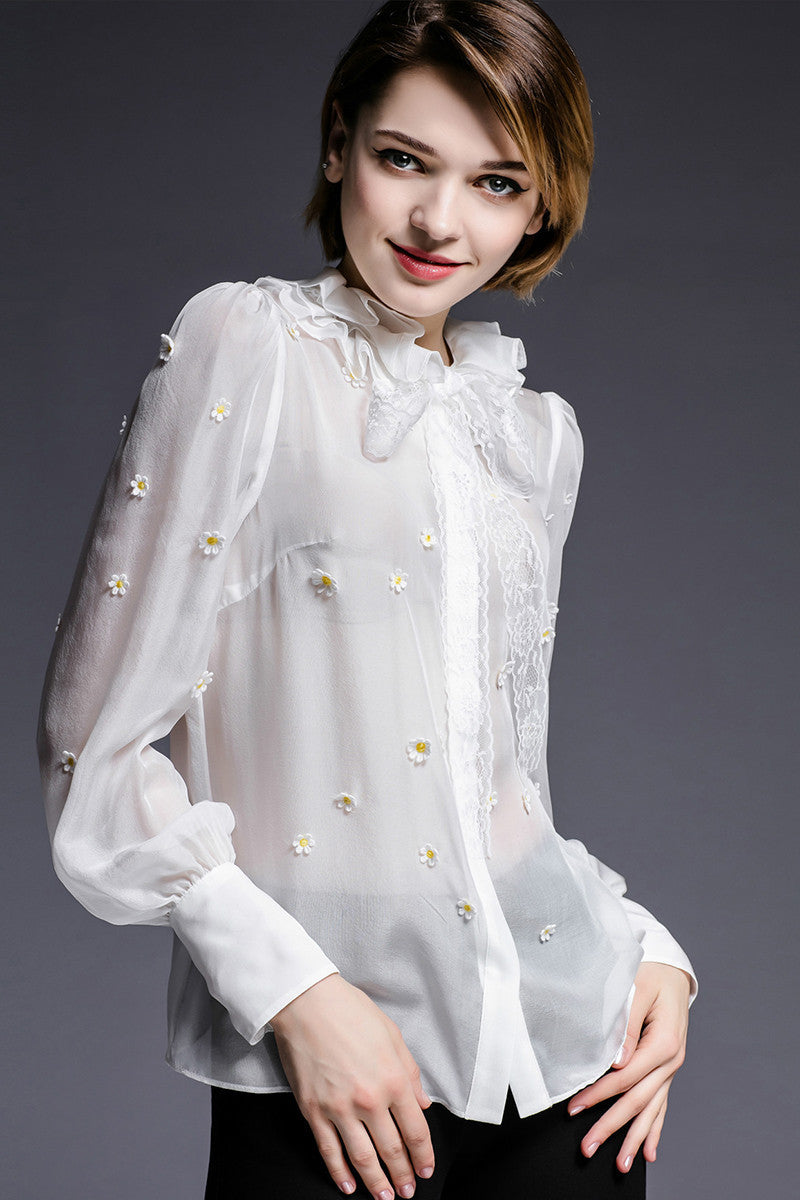 Flare High Collar Flowers Embroidered Lattern Sleeve Chiffon Blouse