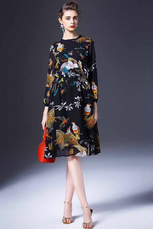 Bird Printing Round Neck Flared Dress
