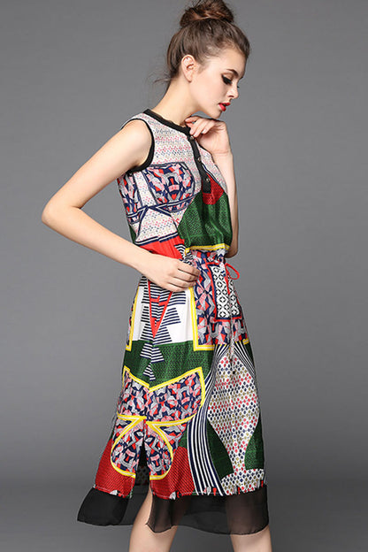 Round Collar Pope Pattern Mesh Patch Lacing Waist Dress