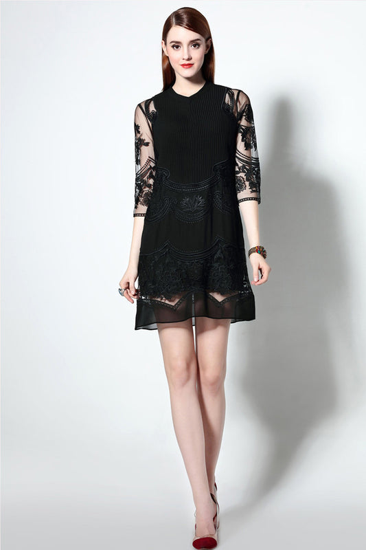Pintuck Organza Embroidered Short Cocktail Dress