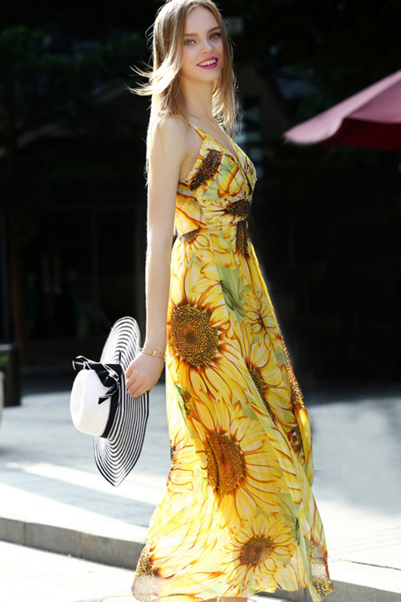 Hawail Spencial Beach Sunflower Surplice Maxi Vacation Dress