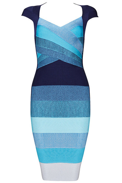 Cap Sleeve Bodycon Low Cut Color Block Warp Club Dress