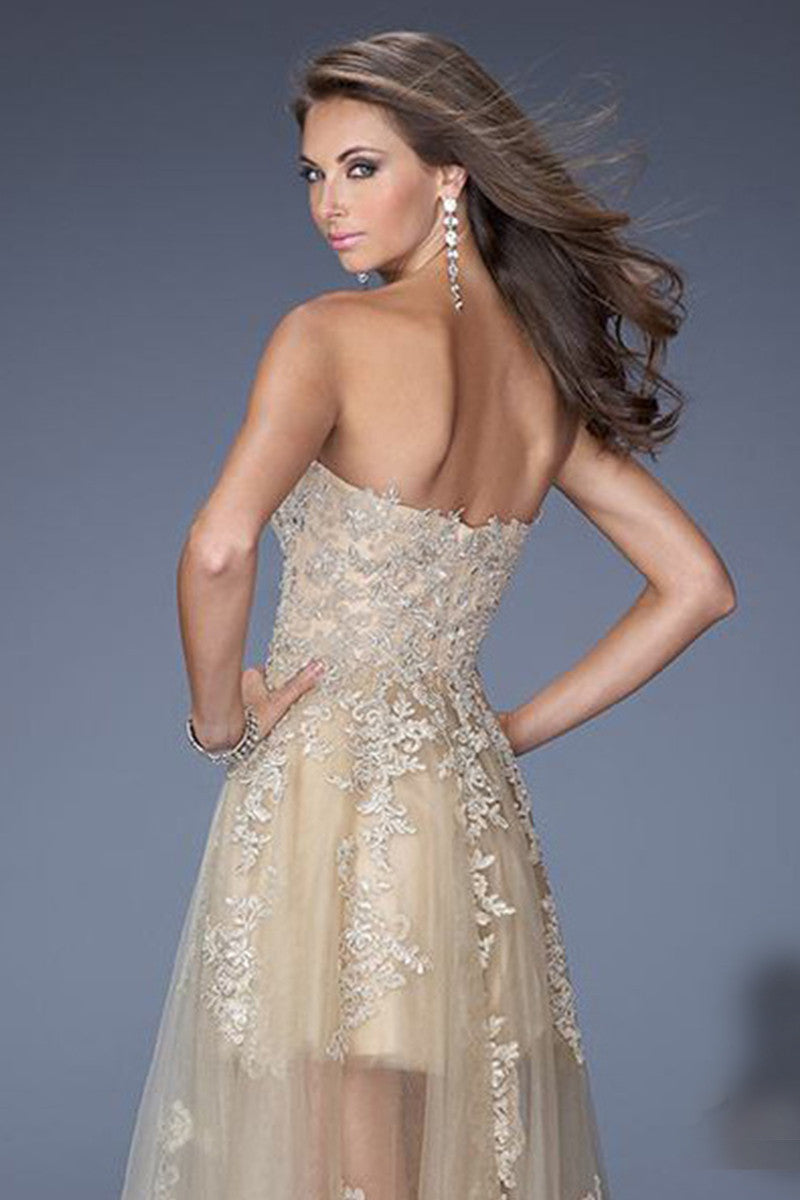 Strapless Sweetheart Lace Applique Sheer Tulle Backless Grown