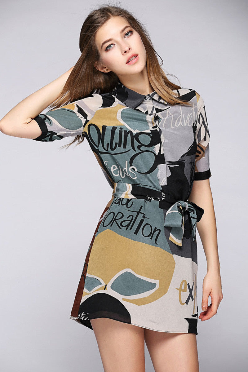 Casual Short Sleeve Printing Dress Wear to Work Short Slim Dress