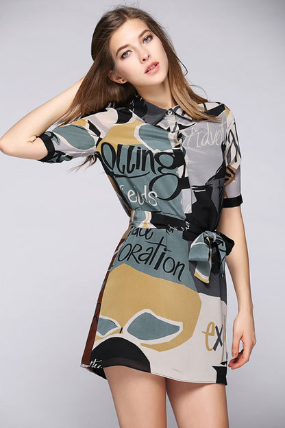 Casual Short Sleeve Printing Dress Wear to Work Short Slim Dress