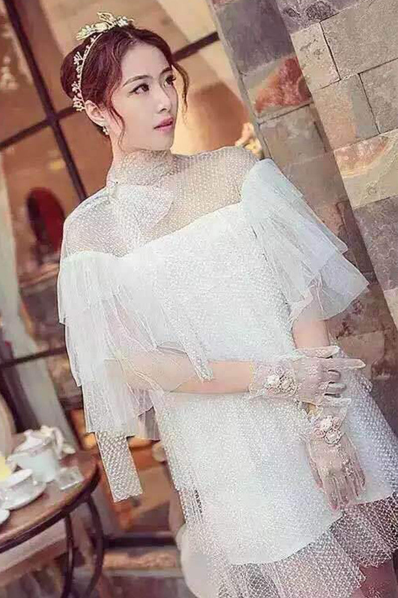 High Neck Shoulder Sheer Mesh Patch Pleat Bridesmaid Dress