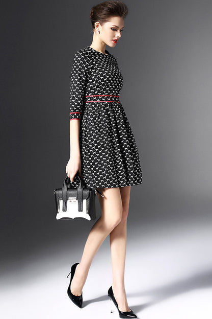 WOMEN'S SLIM FORMAL 3/4 SLEEVE PRINTING ROUND NECK DRESS WITH BELT