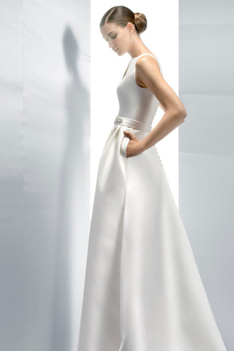 Boat Neck Slit Deep V Beaded Empire Waist Slant Pocket Runched Gown