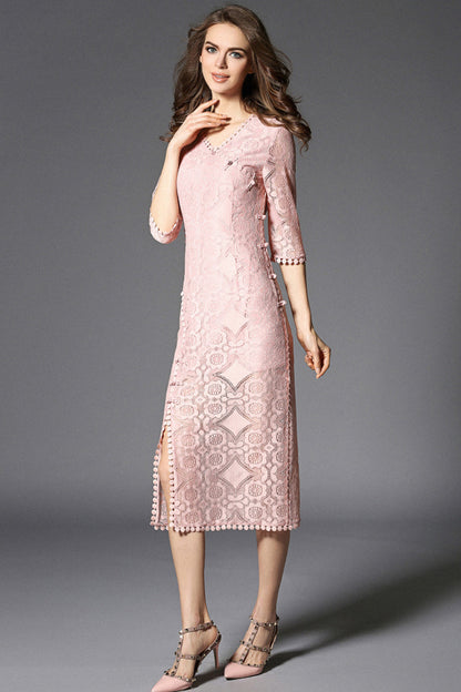 V Neck Full Lace Slim Wrap Side Slit Chi-Pao Dress