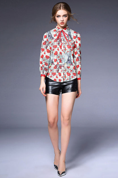 Doll Collar Heart Print  Puff Sleeve Blouse - NJOYDRESS - 1