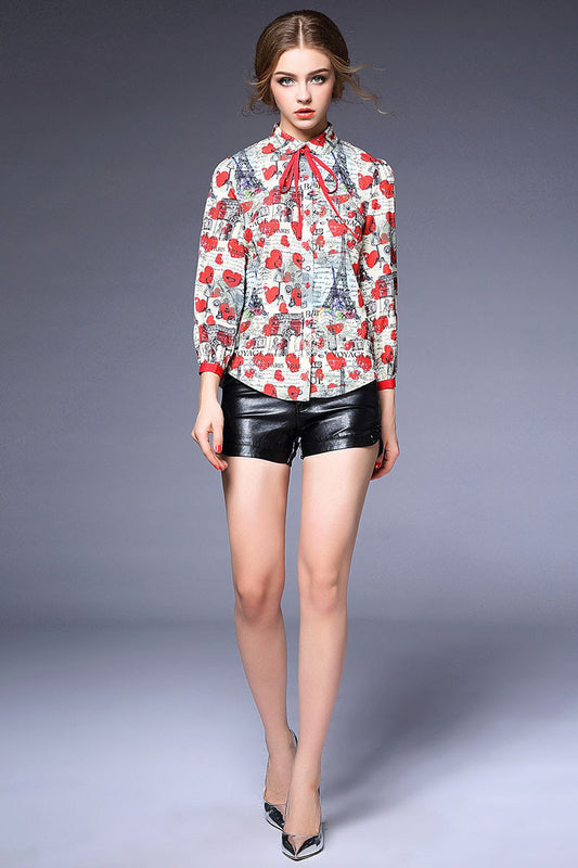 Doll Collar Heart Print  Puff Sleeve Blouse - NJOYDRESS - 1