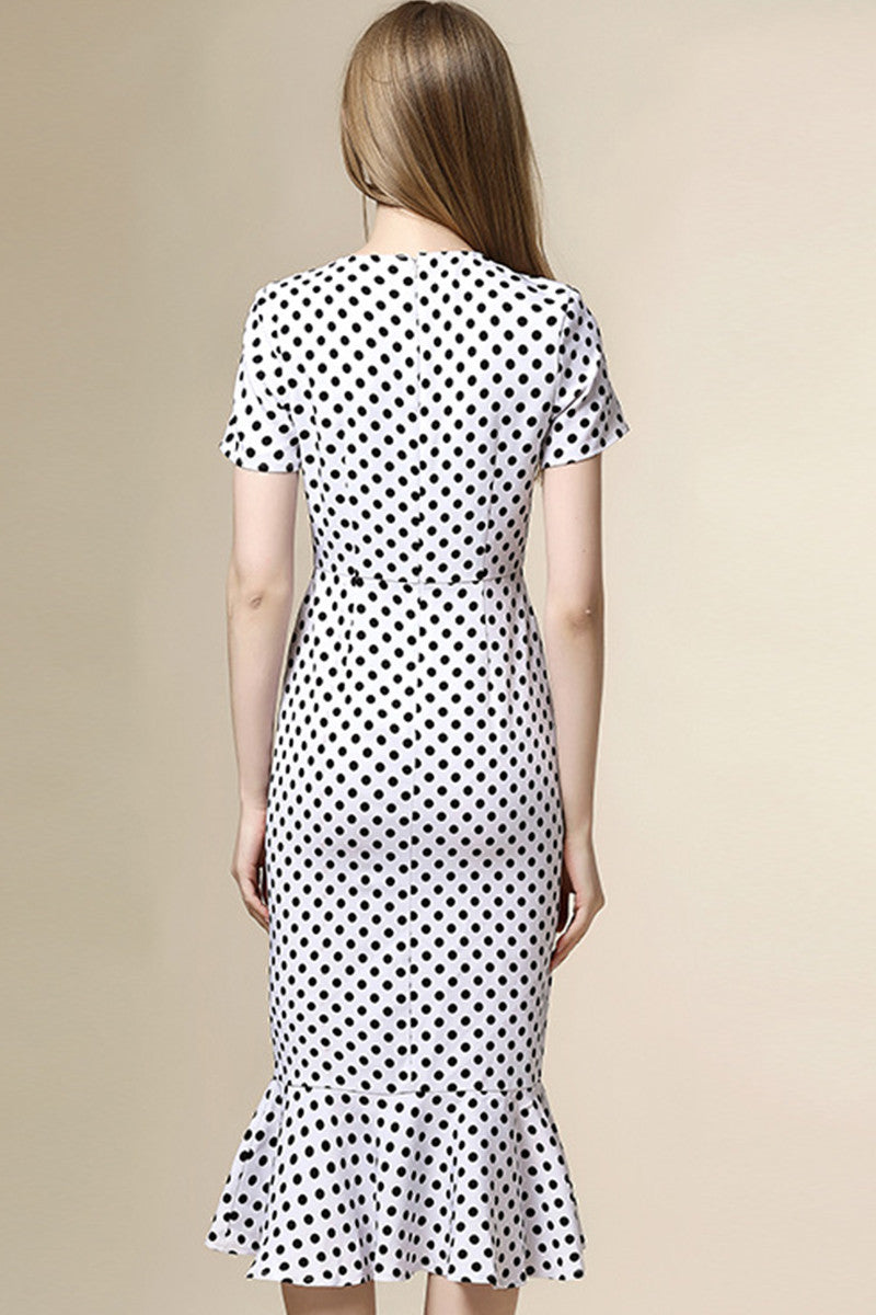 Round Collar Dots Slim Fish Tail Midi Bodycon Dress