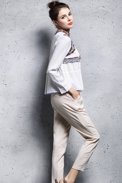 Stand Collar Tassel Patch  Embroidered Shirt - NJOYDRESS - 2