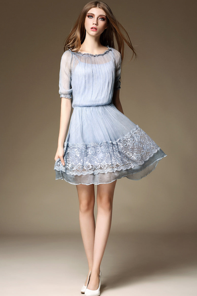 [30% OFF TILL 7 APR] Casual Round Neck Lace Skirt Hem Mini Dress
