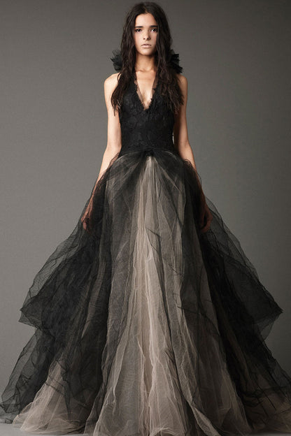 Rosette Deep-V Halter Wide Color Block Bottom Maxi Party Dress