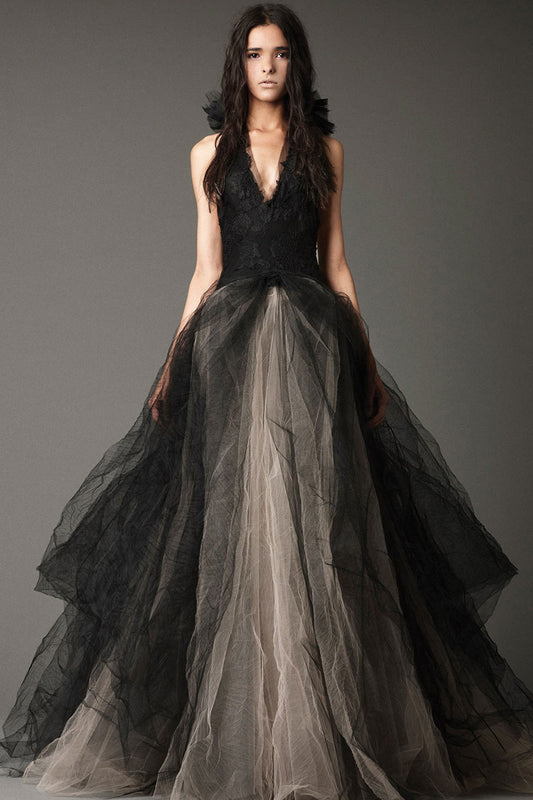 Rosette Deep-V Halter Wide Color Block Bottom Maxi Party Dress
