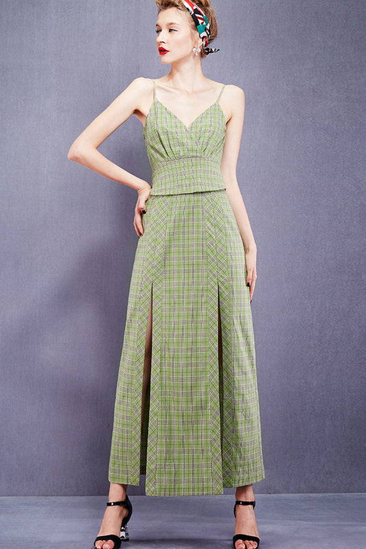 Deep-V Surplice Check High Slit Cocktail Dress