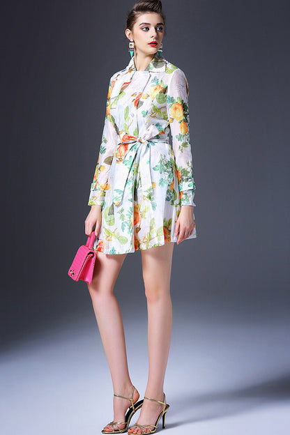 Lapel Neck Flowers Print Single-Breasted Dress With Belt