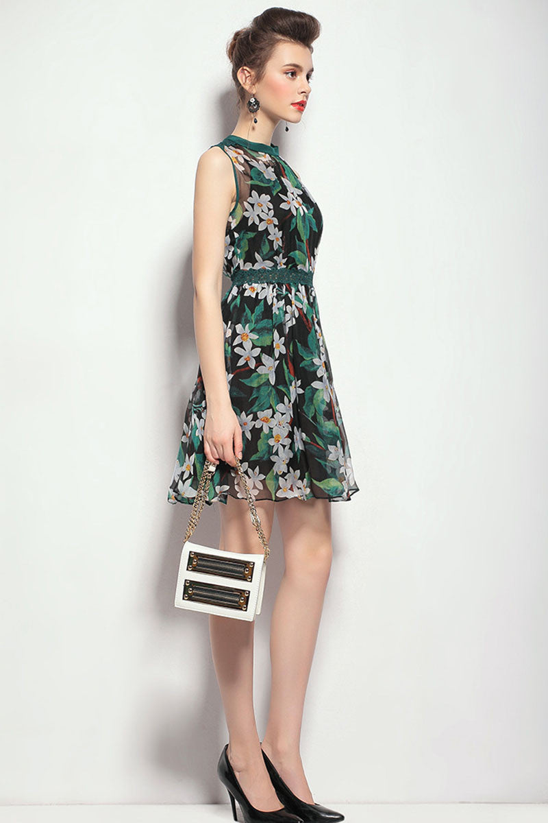 Lace Applique Floral Pattern Tulle Flare Dress