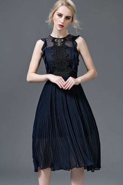 Lace-Inset Ruffle Pleated Midi Cocktail Dress