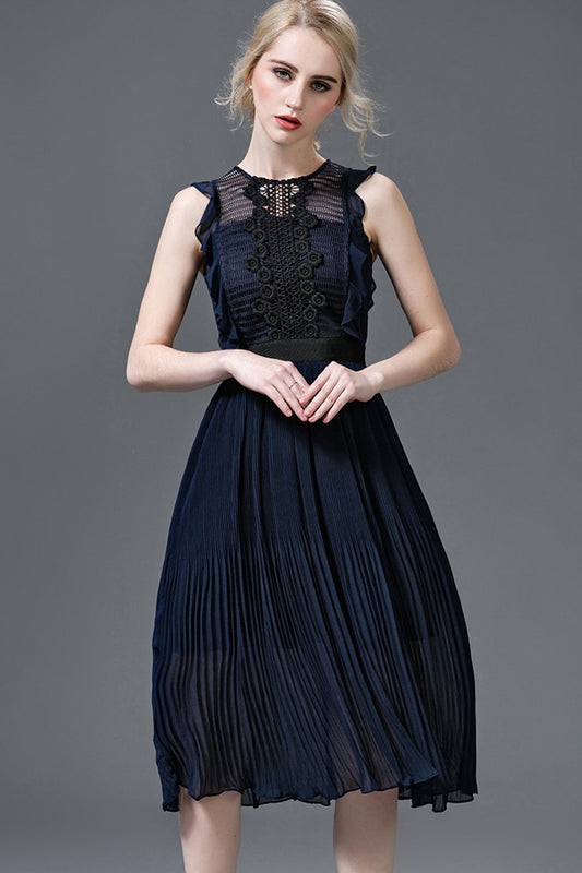 Lace-Inset Ruffle Pleated Midi Cocktail Dress