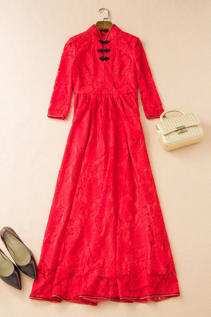 Stand Collar Flock Lace Pleated Swing  Maxi  Chi-Pao Dress