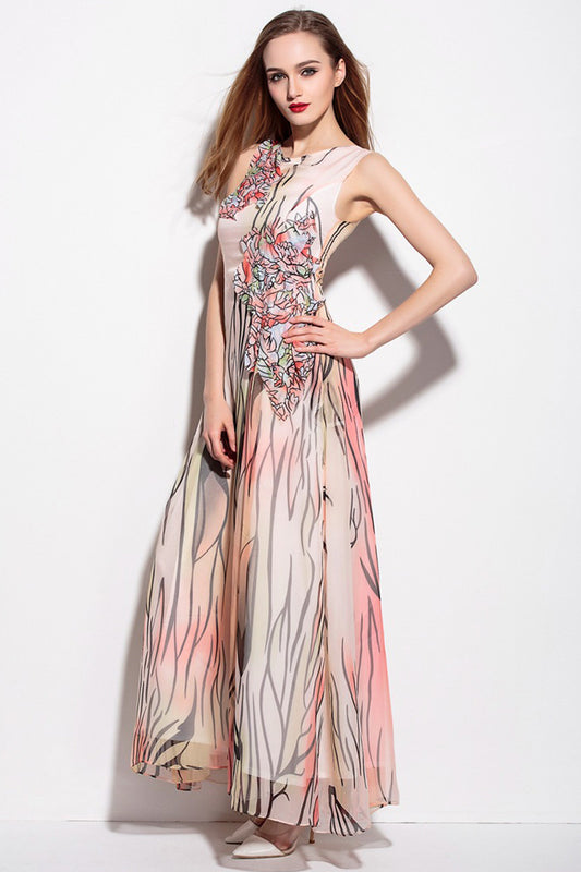 Elegant Sleeveless Floral Boho Ball Gown
