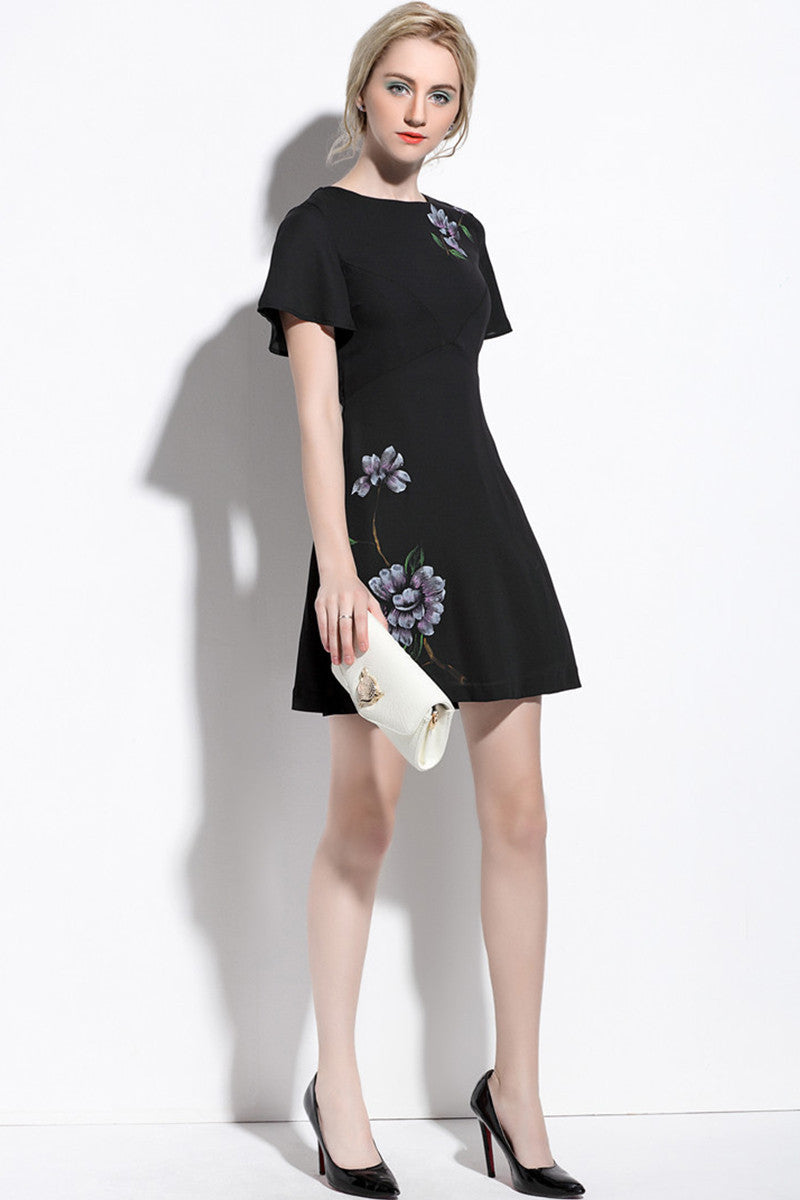 Casual Slim Lotus Leaf Sleeve Flower Printed Dress