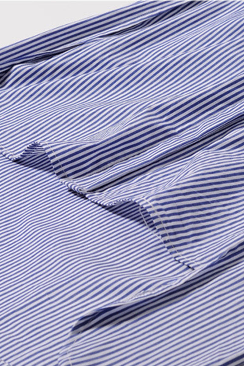 Roll Collar Line Stripe Pattern Front Pocket  Short Front Long Back Long Shirt - NJOYDRESS - 4