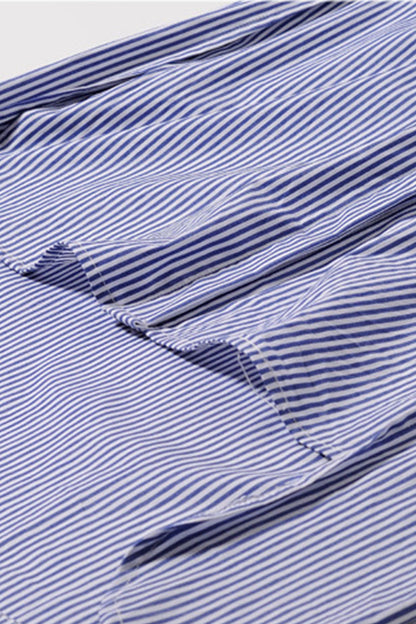 Roll Collar Line Stripe Pattern Front Pocket  Short Front Long Back Long Shirt - NJOYDRESS - 4