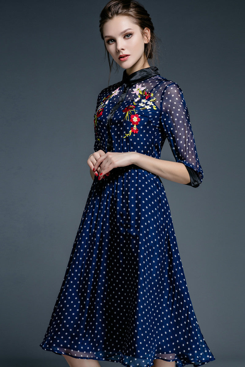 Lapel Neck Flowers Embroidery Flare Dress