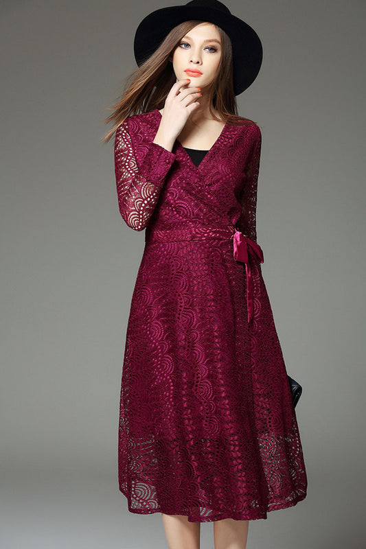 V Neck Hollow Out Lace Shirring Lacing Waist Midi Dress - NJOYDRESS - 1