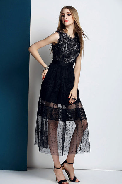 Round Collar Beads Sequins Pleat Dress With Illusion Mesh Top