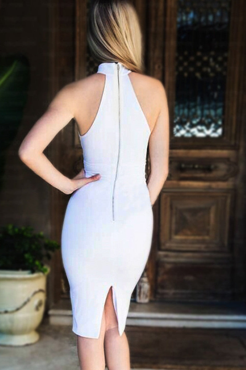 Mock Neck Off Shoulder Lace-Up Bodycon Club Dress