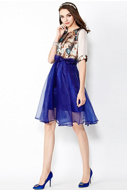 WOMEN'S CASUAL PRINT AND FLORAL ROUND NECK HALF SLEEVE MIDI DRESS WITH BELT