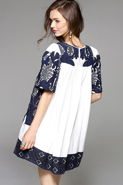 Round Collar Bubble Sleeve  Floral Embroidery Loose Pleated Romper Dress