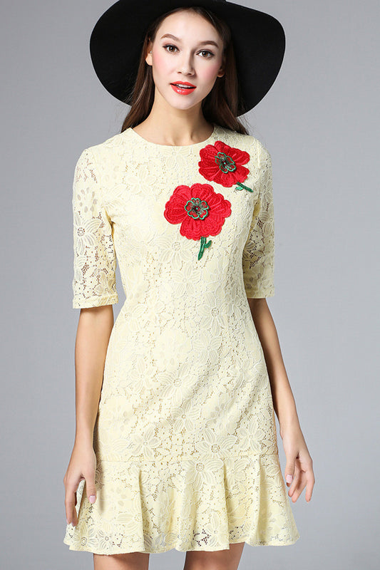 1/2 Sleeve Lace Ruffle Bottom Short Dress
