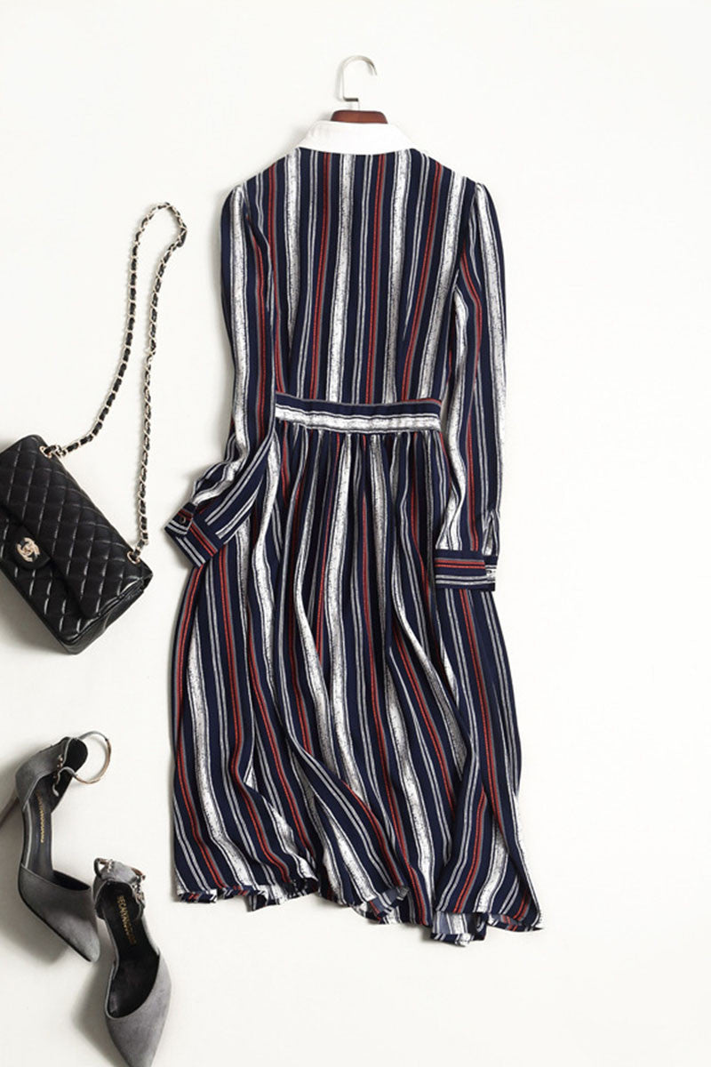 Roll Collar Colorful Retro Pattern Color Stripes Vertical  Dress - NJOYDRESS - 2