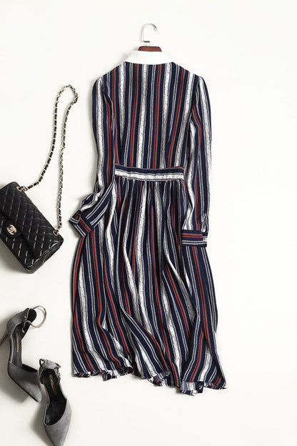 Roll Collar Colorful Retro Pattern Color Stripes Vertical  Dress - NJOYDRESS - 2