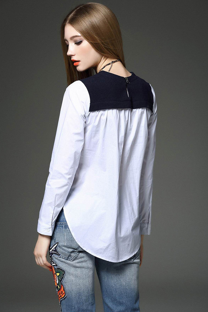 Women`s Round Collar Patch Shirt Faux Tops - NJOYDRESS - 2