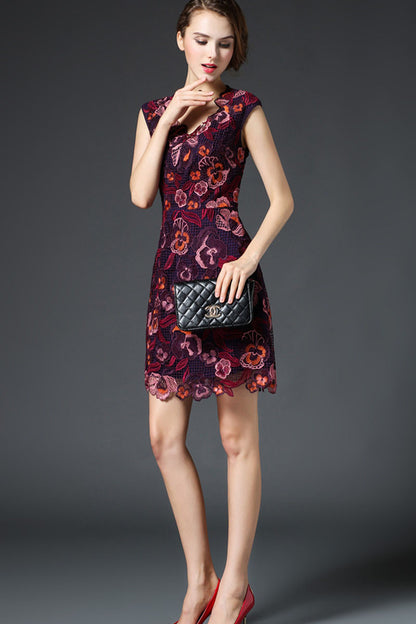 V Neck Hollow-Out Floral Embroidery Slim Dress