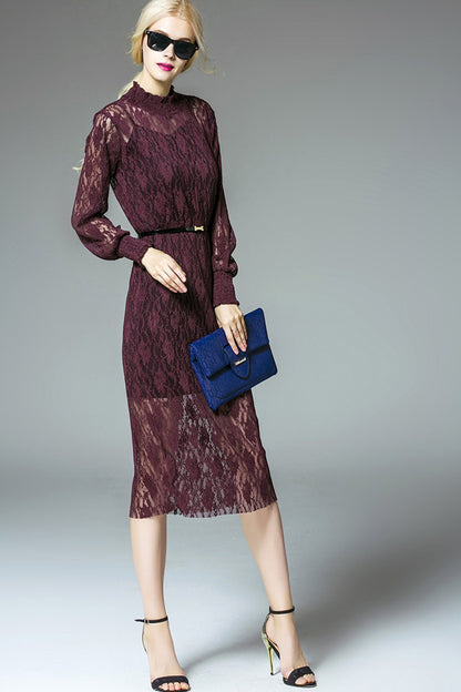 WOMEN'S ELEGANT LONG SLEEVE LACE STAND COLLAR MIDI DRESS WITH BELT