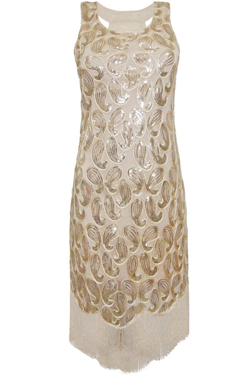 V Neck Full Sequined Geometric Pattern Tassel Fringe  Flapper Dress - NJOYDRESS - 5