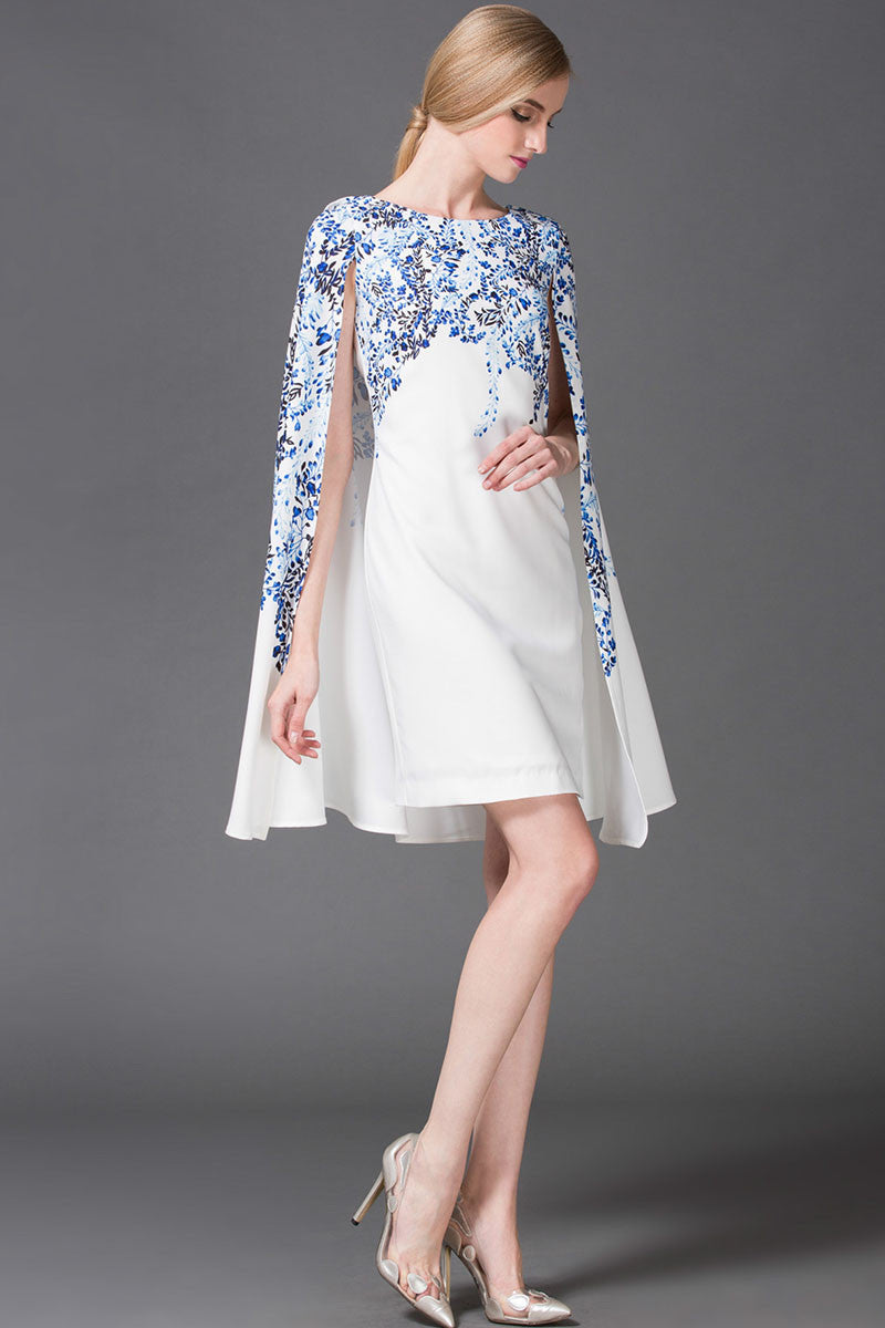 Boat Neck Blue And White Porcelain Cape Poncho Dress