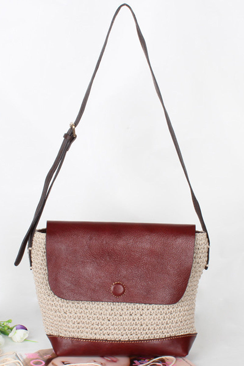 Natural Linen Braided Mixed Leather Satchel Bag