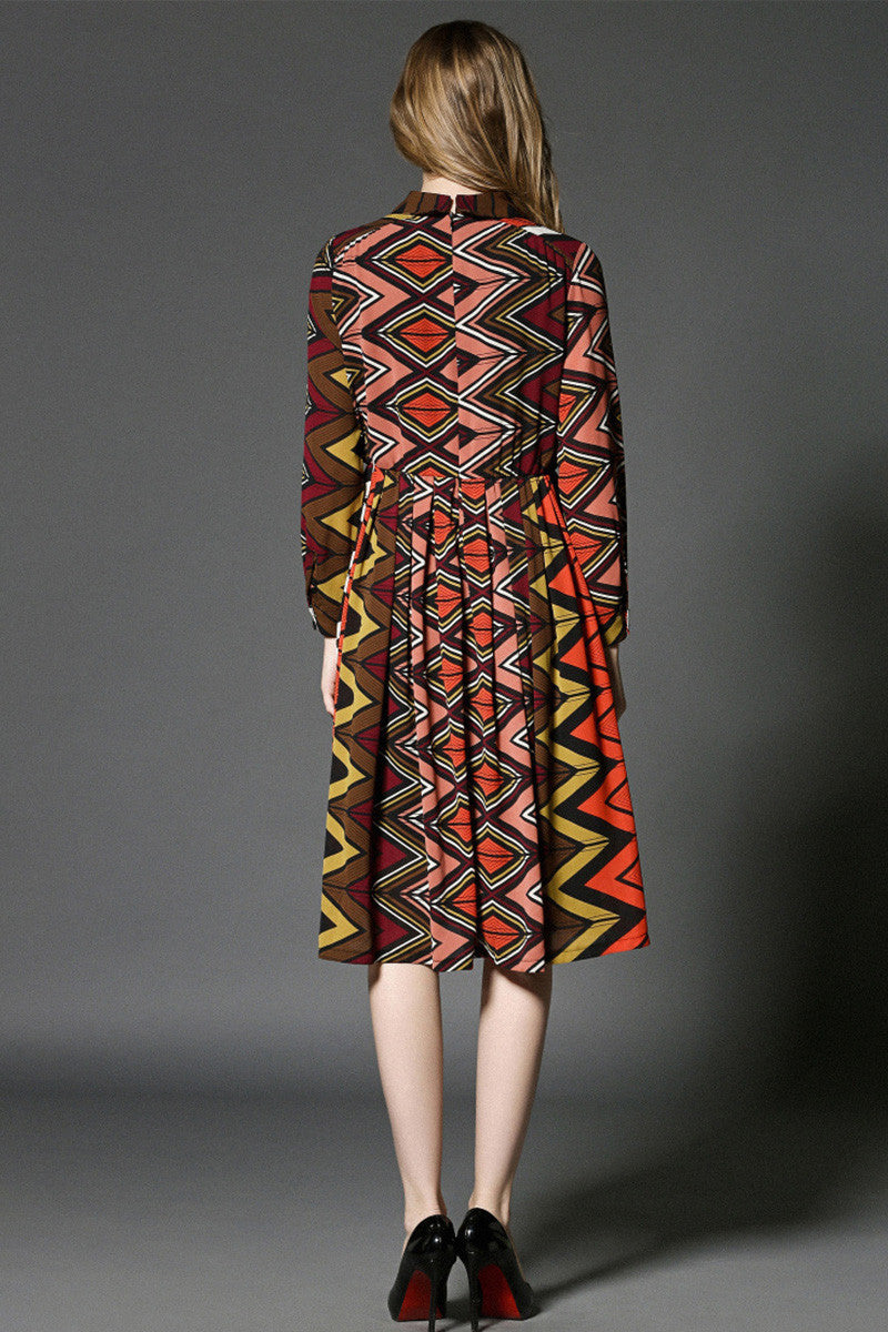 Wave Pattern Lapel Neck Flared Dress - NJOYDRESS - 3