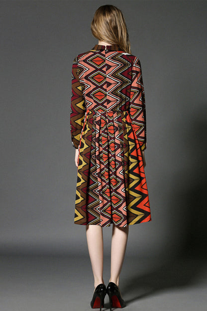 Wave Pattern Lapel Neck Flared Dress - NJOYDRESS - 3